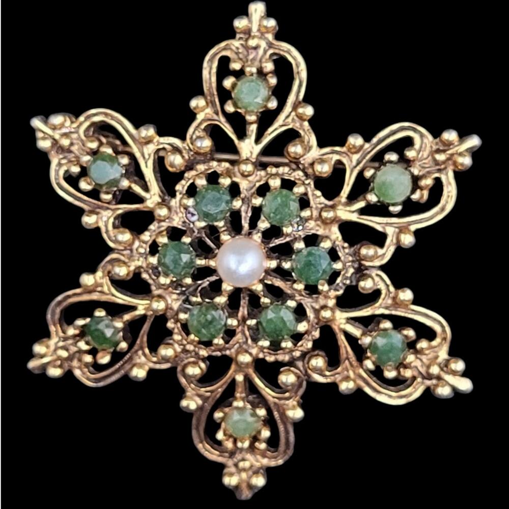 Gold-Plated Vintage Starburst Brooch Faceted Green Stone –‎ Retro Chic Accessory